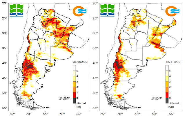 En el panel de la izquierda se aprecia la condición de sequía al 31 de octubre. En el de la derecha, la condición de sequía al 18 de noviembre.