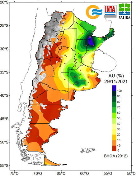 Agua útil en el perfil del suelo (AU%, hasta 1 m de profundidad) al 29 de noviembre, para todo el país.