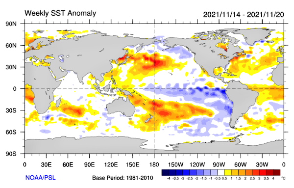 Anomalías de las temperaturas superficiales del mar de la última semana (Fuente: NOAA-NCEP/CPC).