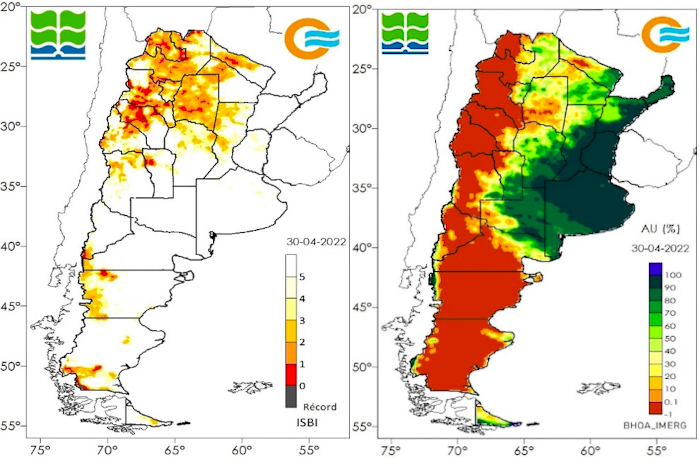 En el panel de la izquierda se muestran las condiciones de sequía al 30/04 en todo el país. En el panel de la derecha se aprecia el agua útil en el perfil del suelo (AU%, hasta 1 m de profundidad) para esa misma fecha