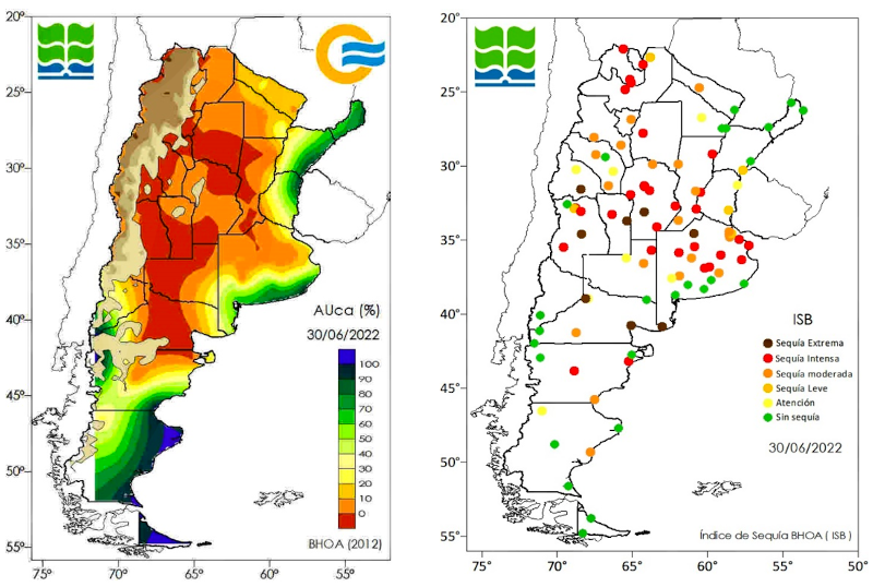 El gráfico de la izquierda muestra el agua útil en la capa arable del suelo en todo el país al 30 de junio de 2022. En el gráfico de la derecha se aprecian las condiciones de sequía para esa misma fecha.