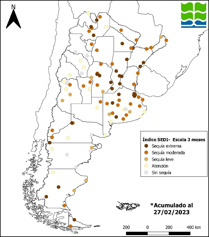 Condiciones de sequía en toda la Argentina, evaluadas a través de índice de sequía SEDI a fin de febrero de 2023