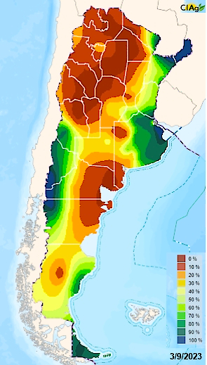 Agua útil en el perfil del suelo en todo el país, hasta 1 m de profundidad, al 3 de septiembre de 2023