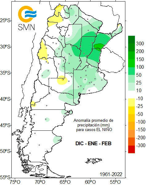 En este mapa se observa que, en promedio, las precipitaciones fueron superiores a la media en las zonas color verde