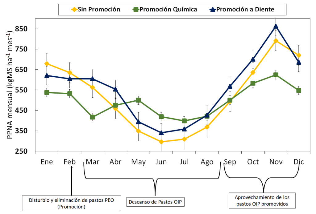 La productividad mensual del pastizal (promedio de 7 años) con la promoción ‘a diente’ superó significativamente a la del glifosato