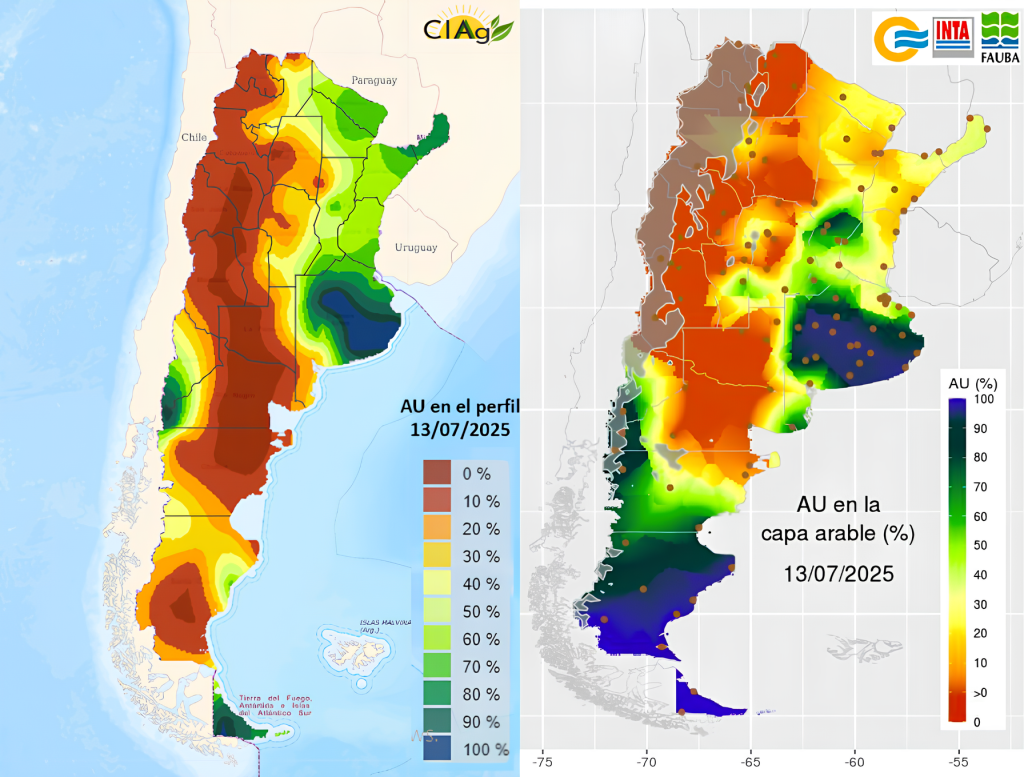 Agua útil (%) en el perfil del suelo (izq.) y en la capa arable del suelo (der.) en todo el país, al 13 de julio de 2025 Agua útil (%) en el perfil del suelo (izq.) y en la capa arable del suelo (der.) en todo el país, al 13 de julio de 2025