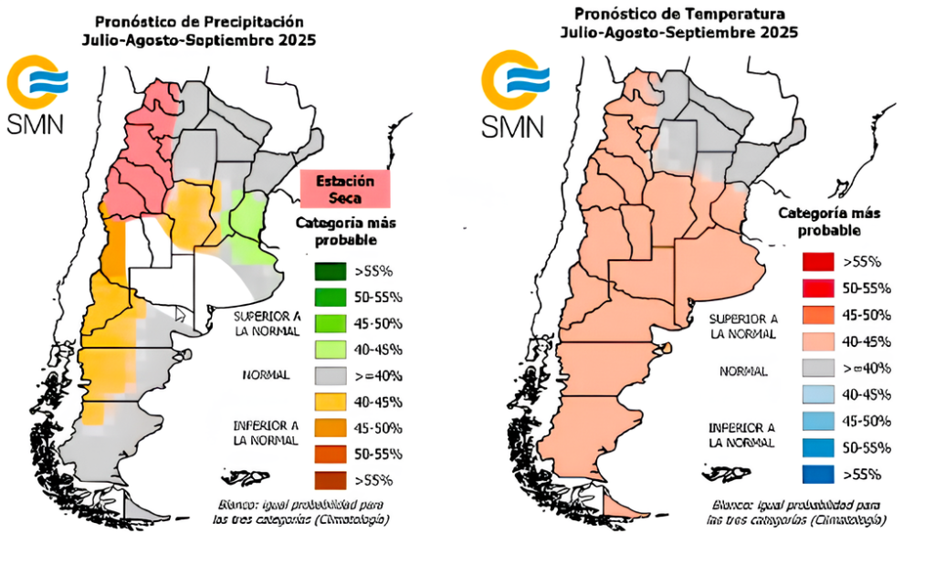 Pronóstico de precipitaciones y temperaturas para el trimestre julio, agosto y septiembre de 2025. Fuente: SMN
