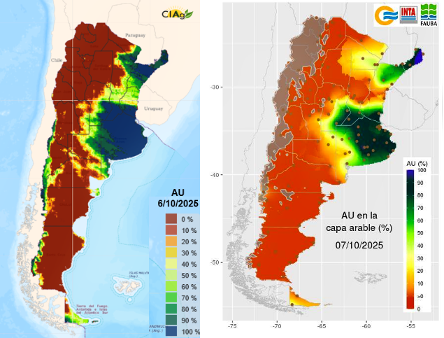 Agua útil (%) en el perfil del suelo (izq.) y en la capa arable del suelo (der.) en todo el país, al 6 de octubre de 2025 Agua útil (%) en el perfil del suelo (izq.) y en la capa arable del suelo (der.) en todo el país, al 6 de octubre de 2025