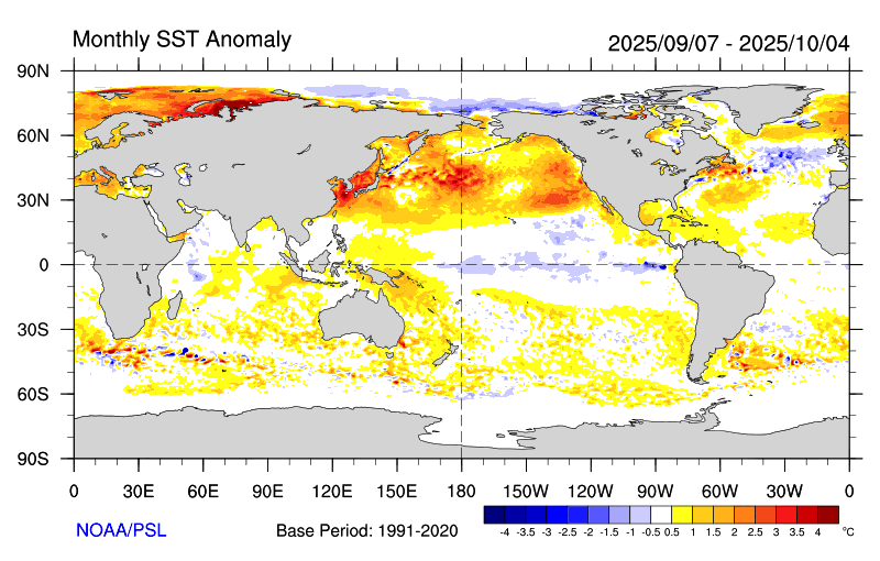 Promedio de las variaciones de las temperaturas de las aguas superficiales (SST) en la zona central del Océano Pacífico Ecuatorial entre el 7 de septiembre y el 4 de octubre de 2025. Fuente: NOAA Promedio de las variaciones de las temperaturas de las aguas superficiales (SST) en la zona central del Océano Pacífico Ecuatorial entre el 7 de septiembre y el 4 de octubre de 2025. Fuente: NOAA