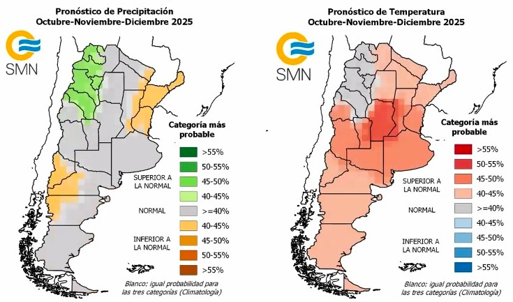 Pronóstico de precipitación y temperatura para el trimestre octubre, noviembre y diciembre de 2025. Fuente: Servicio Meteorológico Nacional Pronóstico de precipitación y temperatura para el trimestre octubre, noviembre y diciembre de 2025. Fuente: Servicio Meteorológico Nacional
